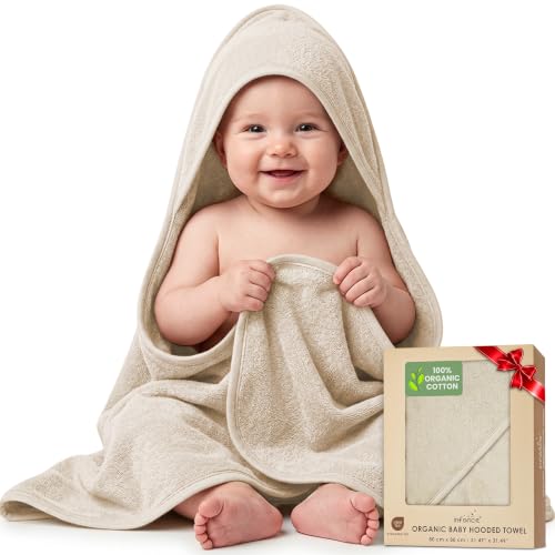 Image of 100% Organic Cotton Woven Hooded Baby Towels Absorbent 31x31 in | Oeko-TEX Certified, Bath & Hooded Towels, Baby Bath Towels, Hooded Towels For Kids, Ivory, Unisex Design, Soft plush feel