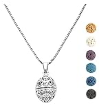 Jovivi Aromatherapy Essential Oil Diffuser Necklace Flower Oval Locket Pendant with 6 Dyed Lava Stone Beads