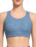 イベット スポーツブラ 揺れない 前開き レディース ハイサポート 大きいサイズ デニムプリント ノーワイヤー 一体型カップ 吸汗速乾 フィットネス ジム スポブラ ブラジャー M Plus ブルー