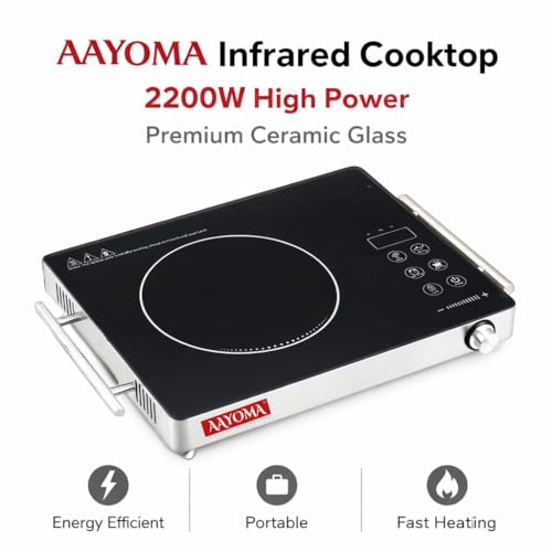 Image of 2200W Infrared Cooktop Stove with Grill and Overheat Protection, Crystal Glass Plate with Steel Handle Bars, Digital Display, Touch Control & Knob Control, Infrared Hot Plate | 1 Year Warranty