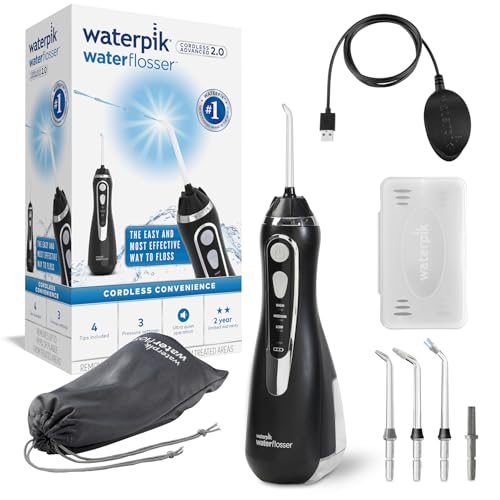 Waterpik Irrigador Dental Eléctrico con 3 Posiciones de Control del Agua a Presión con Cargador USB, Eliminación de Placa Dental óptimo para Viajar y para Baños Pequeños, Negro (WP-582EU)