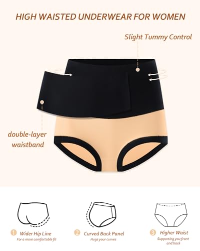 Image of Eiggam Underwear for Women Cotton High Waist Panties Full Coverage Briefs Soft Strech Ladies Breathable Panties-Multi Pack