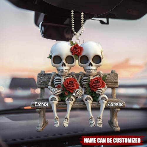 Personalized Skull Couple Car Ornament with Red Roses - Unique 2D Flat Pendant for Rear View Mirror - Custom Skeleton Couple Décor for Anniversaries - Image 4