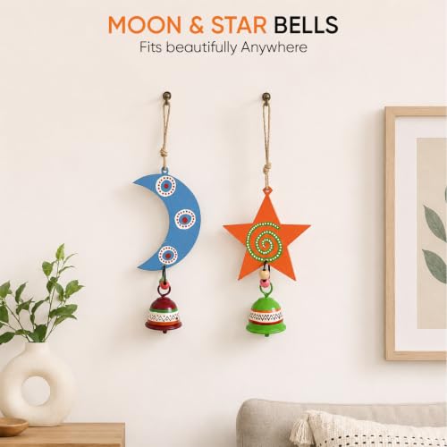 Image of Aakriti Art Creations Celestial Moon & Star Wind Chime Duo | Handmade Modern Art Wooden & Metal Wind Chimes | Decorative Indoor & Outdoor Hanging for Balcony, Garden, Living Room & Gifting
