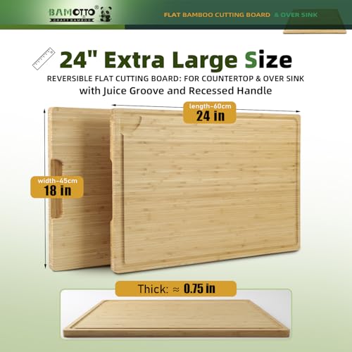 Image of BAMOTTO CRAFTBAMBOO XXL Extra Large 100% Organic Bamboo Cutting Board 24 inchx18 inch - Butcher Block Chopping /Carving Board with Handle & Juice Groove for Turkey, Meat, Vegetables, BBQ