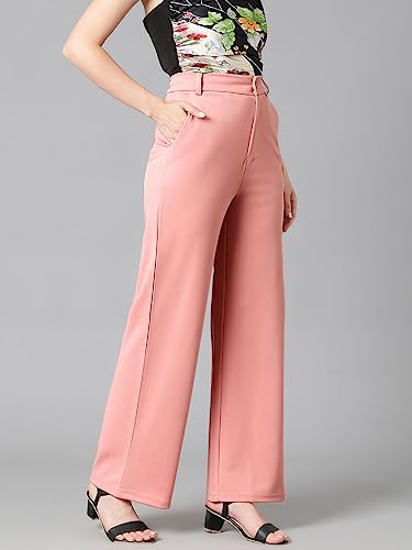 Image of KOTTY Women's High Rise Cotton Blend Relaxed Fit Trousers Baby Pink