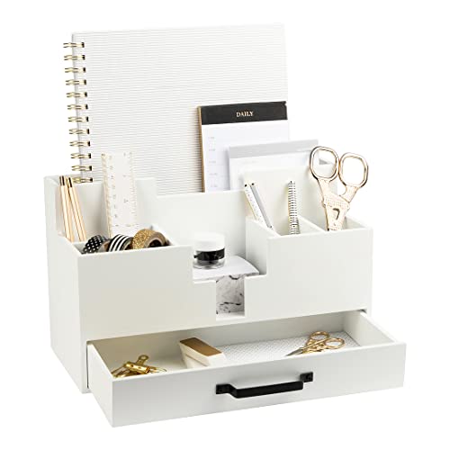 Image of White Wood Office Desk Organizers and Accessories - Home Office Organization Office Desk Accessories for Women - Office Desk Organizer - Small Desk Organizer - Desk Top Organizer with Drawer
