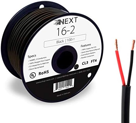 Voltive 16/2 Speaker Wire - 16 AWG/Gauge 2 Conductor - UL Listed in Wall (CL2/CL3) and Outdoor/In Ground (Direct Burial) Rated - Oxygen-Free Copper (OFC) - 100 Foot Spool - Black