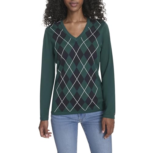 Tommy Hilfiger Women's Long Sleeve Cotton Argyle V-Neck Sweater