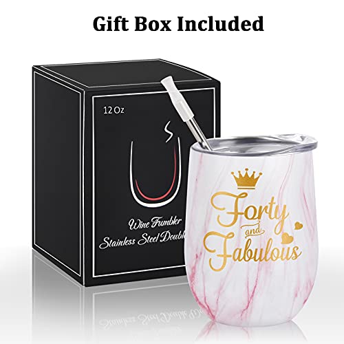 Gingprous 40Th Birthday Gifts For Women Wife Mom Friends Coworkers, Forty And Fabulous Wine Tumbler For 40Th Birthday, 12 Oz Stainless Steel Insulated Wine Tumbler With Lid And Straw, Pink Marble #TOP6