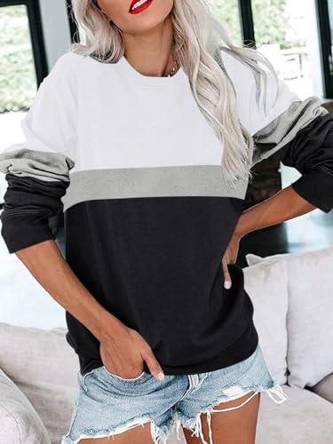 Image of PGANDS Womens Crew Neck Color Block /Solid Sweatshirts Tops Long Sleeve Casual Pullover Cute Lightweight Loose Tops