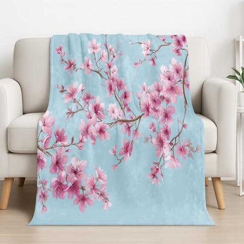 Akvarell enkel elegant blommig filt 150 cm x 150 cm, flanell levande filt fleecefilt fluffig för soffa soffa, rum dekoration gåvor, varm och lätt soffa filtar mysig mjuk blå rosa