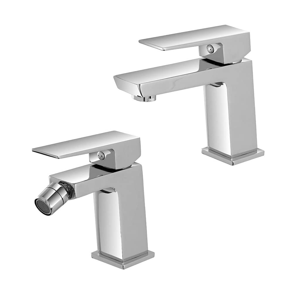 Set rubinetti miscelatori lavabo e bidet cromati, scarico click clack incluso, serie Kubo (Set Lavabo e Bidet)