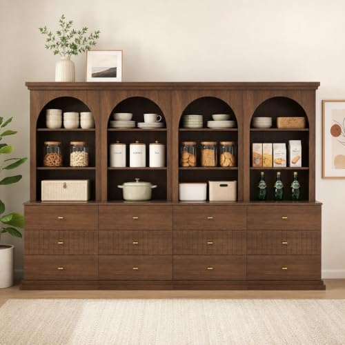 Image of ivaniti 71 inch Arched Kitchen Pantry Cabinet Set of 4 with 12 Drawers, Dark Brown Freestanding Storage Hutch with Open Shelves and Gold Handles for Kitchen, Dining Room