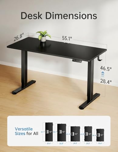 Image of HUANUO Electric Standing Desk, Whole Piece Desktop, Adjustable Height Computer Desk, 4 Height Memory Settings, Sit Stand Up Desk for Home Office, 55 inch x 27 inch, Black