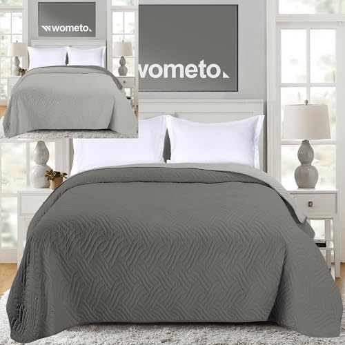 wometo Couvre-lit 220 x 240 cm - oekoTex - Housse en microfibre - Gris clair - Rembourré - Design réversible - XXL