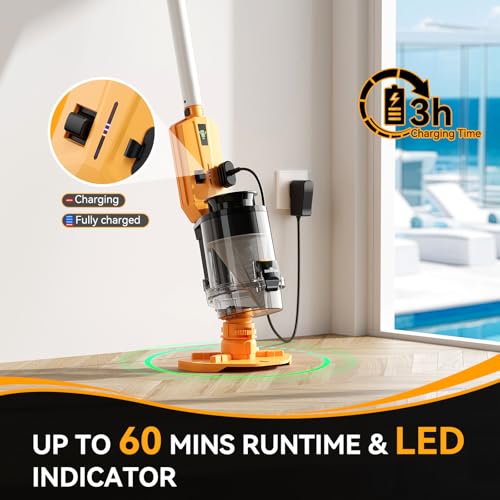 Cordless Pool Vacuum with Telescopic Pole, Powerful 30 GPM Suction, Advanced Dual Filtration, Replaceable Battery, Handheld Rechargeable Pool Cleaner for Above Ground and Inground Pools, Orange — view 6
