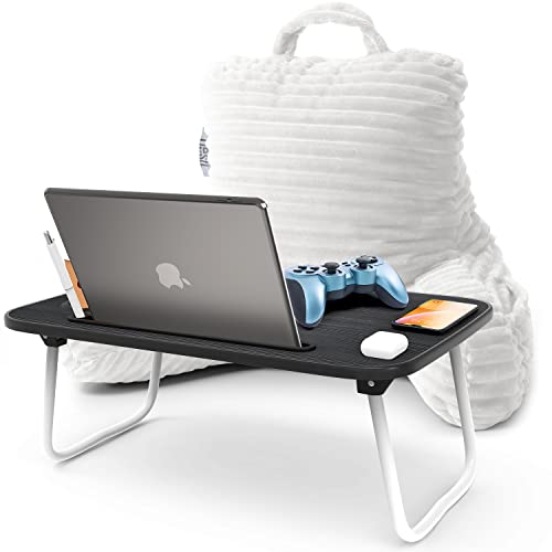 Image of Nestl White Reading Pillow with Bed Desk for Laptop and Writing, Luxe Cut Plush Back Pillow for Sitting Up, Back and Arms Adjustable Support for Kids and Teens, Foldable Lap Desk for Bed 19x11 inch