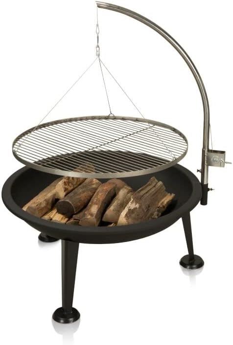 Fire pit with hanging grill Camelot – diameter: 80cm – height: 120 cm – with gallows, grill in stainless steel and fire bowl in untreated steel with 3 legs fire bowl