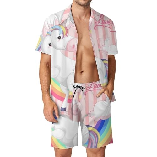 Ensemble Chemise Hawaïenne Homme Licorne Arc-en-Ciel Short Pantalon de Plage Été S
