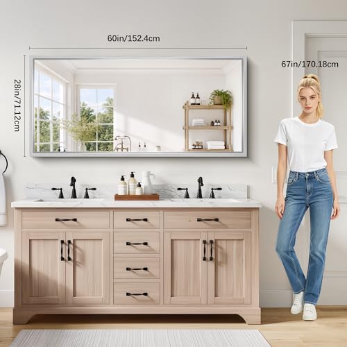 Image of 60 x 28 inch Brushed Silver Bathroom Mirror, Metal Framed Large Rectangle Mirror, 0.6 inch Thickened Deep Frame Mirrors for Living Room Bedroom, Tempered Glass, Antirust, Horizontal or Vertical