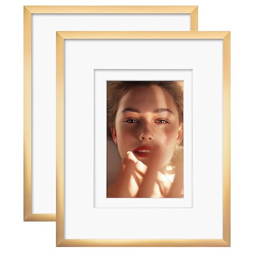 Egofine 8x10 Aluminum Picture Frame Display with Mats for 4x6/5x7 or 8x10 without Mat, Metal Picture Frame Covered by Plexiglass for Tabletop and Wall Mounting, 2 Pack, Gold