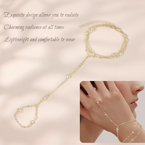 14K Gold Plated Hand Chains Bracelets for Women Trendy Stack CZ Beaded Finger Chain Dainty Adjustable Finger Rings Bracelets Charm Link Chain Beach Summer Fashion Hand Jewelry3