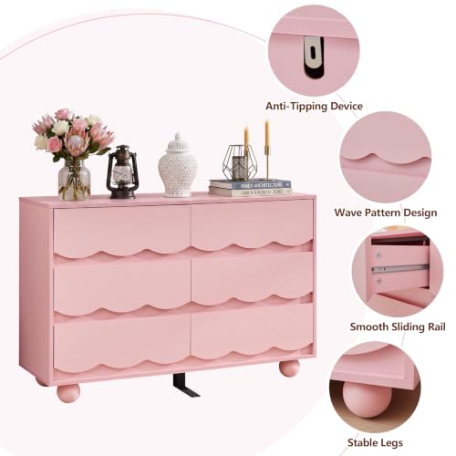 6 Drawer Dresser for Bedroom, 47.24" Wide Blush Pink Chest of Drawers with Wave Hidden Recessed Handles, Modern Wood Storage Dresser Cabinet for Girls Room & Living Room - Image 5