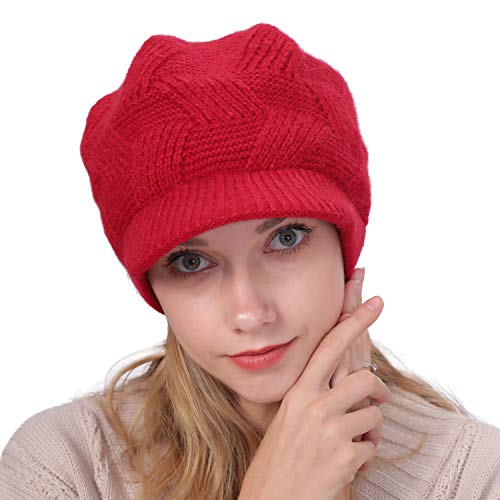 Women Winter Warm Hat Slouchy Cable Knit Visor Crochet Beanie Hats Snow Ski Skull Cap With Brim Red #TOP1
