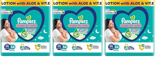 Image of Pampers Complete Skin Comfort Pants, Anti-rash blanket, Lotion with Vitamin E & Aloe Vera, New Born /X-Small (NB /XS), 54 Count, Upto 5kg (Pack of 3)