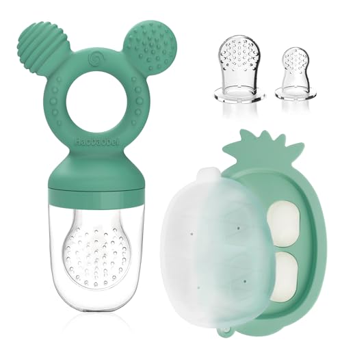 Image of HAOBAOBEI Teething Toys, Baby Fruit Food Feeder, Breastmilk Popsicle Molds for Baby Cooling Relief (Green, Mini Mouse)