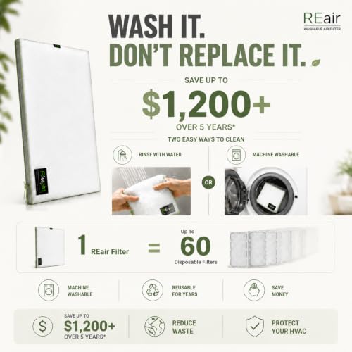 Image of Reair 16x25x1 Air filter, Washable and Reusable Air Filter 16x25x1 for AC HVAC Furnace, MERV 8 Air Filters Machine Washable & Dryer Friendly, AC Furnace Air Filter