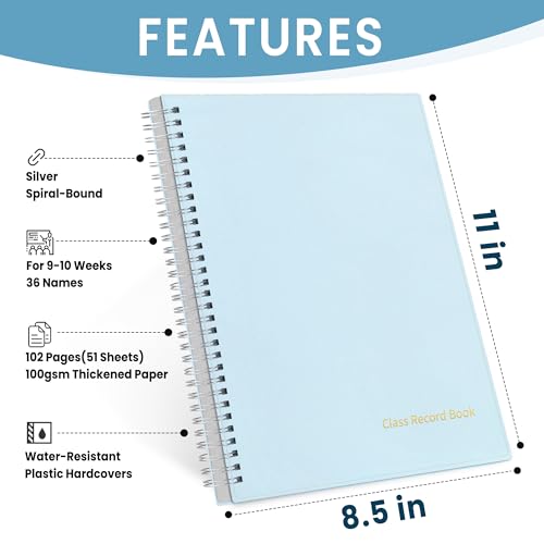 SUNEE Teacher Class Record Book for 9-10 weeks, 36 Names, 8.5x11 Inch, 104 Pages (52 Sheets), 100gsm Thick Paper, Larger Grade Recording up to 36 Students with Water-Resistant Plastic Cover, Blue - Image 4