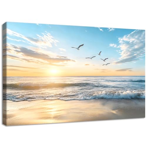 Image of Wooden Framed Canvas Wall Art Coastal Beach Sunset Ocean Waves Painting on Canvas Prints Poster Nature Seascape Pictures for Living Room Bedroom Dinning Room Hallway Wall Decoration 40x60cm