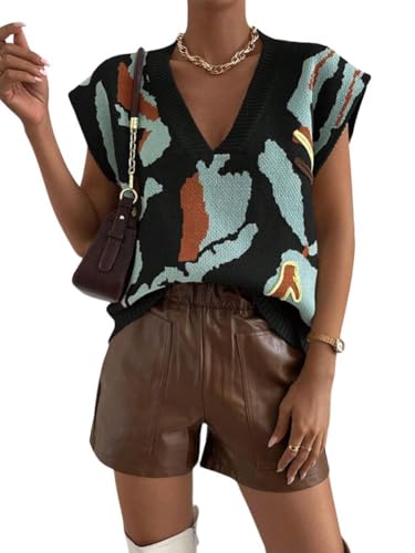 chouyatou Women's Color Block Floral Print Sleeveless Sweater Vest Vintage Contrast Trim Vest Tank Tops