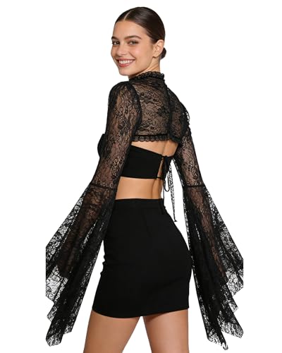 Image of Women Long Sleeve Lace Bolero Shrug Open Front Cropped Cardigan High Neck Sweatshirts