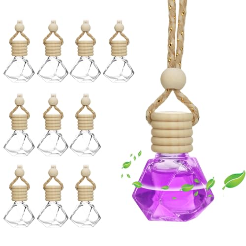 Muomdid 10 difusores colgantes de ambientador para coche, botellas de perfume de vidrio vacías de 8 ml, difusor de aceite esencial para automóvil, botella difusora de aromaterapia para automóvil con