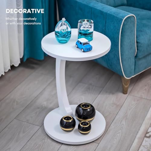 Image of Multipurpose Round Coffee Table, Wooden Couch Sofa Table that Slides Under, C-Shaped End Table for Living Room, Bedroom, or Apartment (White)