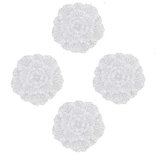 Peakpet Juego de 4 manteles individuales lavables, 38 cm, con forma de flor, antideslizantes, PVC, para casa, restaurante, fiesta, (plata) Cover