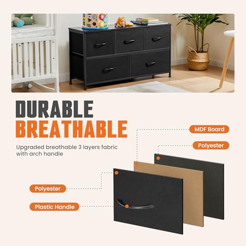 TV Stand with 5 Fabric Drawers, Dresser for Bedroom Entertainment Center for 45 inch TV Storage Organizer with Open Shelf, Wooden Media Console Table for Living Room, Bedroom, or Small Space, Black - Image 6