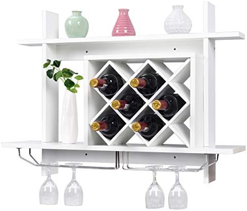 CASART Wall-Mounted Wine Rack, 10/6 Bottles and 6 Wine Glasses Display Shelves, Rustic Wooden Wine Storage Shelf Organizer for Living Room Bar and Kitchen (White, 80 x20 x 59cm)