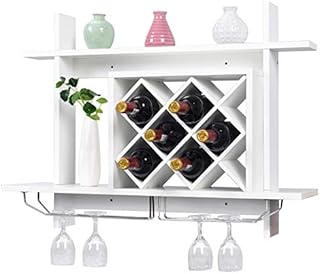 CASART Wall-Mounted Wine Rack, 10/6 Bottles and 6 Wine Glasses Display Shelves, Rustic Wooden Wine Storage Shelf Organizer for Living Room Bar and Kitchen (White, 80 x20 x 59cm)