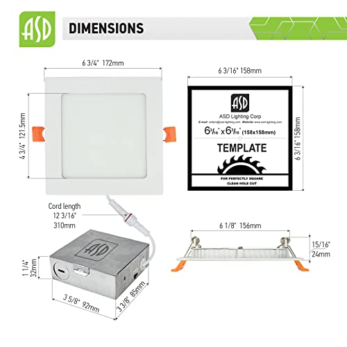 Asd Ultra Thin Square Led Recessed Lighting 6 Inch, 3000K-4000K-5000K Color Temperature Options, 12W 840Lm Dimmable Led Downlight, Canless Led Recessed Light, Ic & Damp Rated,Etl,Energy Star (6-Pack) #TOP2
