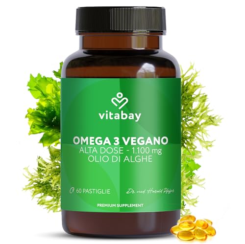 OMEGA 3 VEGETALE – Integratore Vitabay con olio di alga Schizochytrium sp. e vitamina E, fonte vegetale di Omega 3 con 300 mg di EPA e 200 mg di DHA per dose. Completamente vegano e di alta qualità.