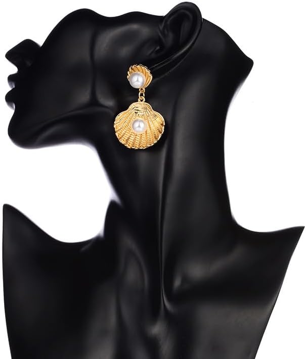 Miniatura 4 de Aretes colgantes de concha de mar de verano, aretes elegantes de sirena de perlas, aretes de cola de playa, concha, festoneada, aretes colgantes de