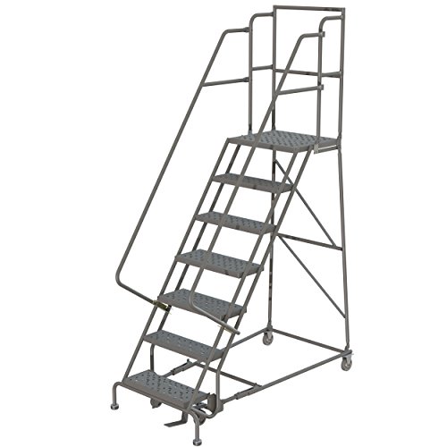 Image of Tri-Arc KDSR107166-D3 7-Step 30 inch Deep Top Steel Rolling Industrial & Warehouse Ladder with Handrails, 16 inch Wide Perforated Tread
