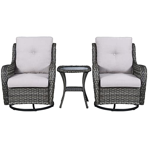 Rilyson Wicker Rocking Chair Swivel Chairs - 3 Piece Rocker Patio Furniture Set Rattan Rocking Bistro Sets With Glass Top Side Table For Outdoor Porch Deck Garden Backyard (Mixed Grey/Beige) #TOP4