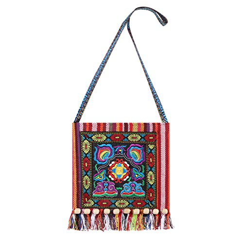 Bestickte Canvas-Tasche mit Quasten, Boho-Ethno-Schultertasche, Hippie-Messenger-Tasche, quadratische Form, Handtasche, Hobo Crossbody-Tasche für Frauen, rot, Big sizes