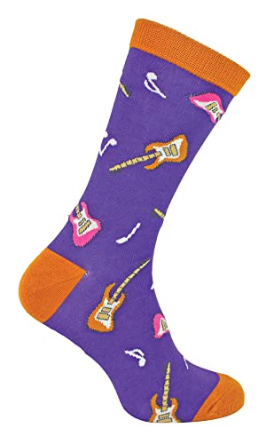 Heren nieuwigheid gitaar sokken | Mr Heron | Ademende schattige muzikant bamboe sokken | cadeau voor muziekliefhebbers, Gitaar (paars), 40-45 EU
