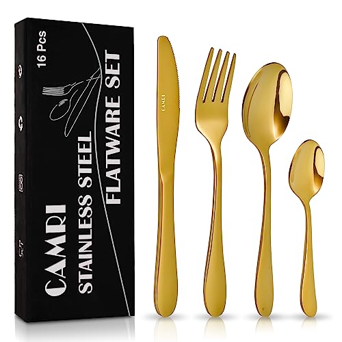 CAMRI 16-Piece Stainless Steel Cutlery Set (Gold Mirror) for 4 People, Dishwasher Safe